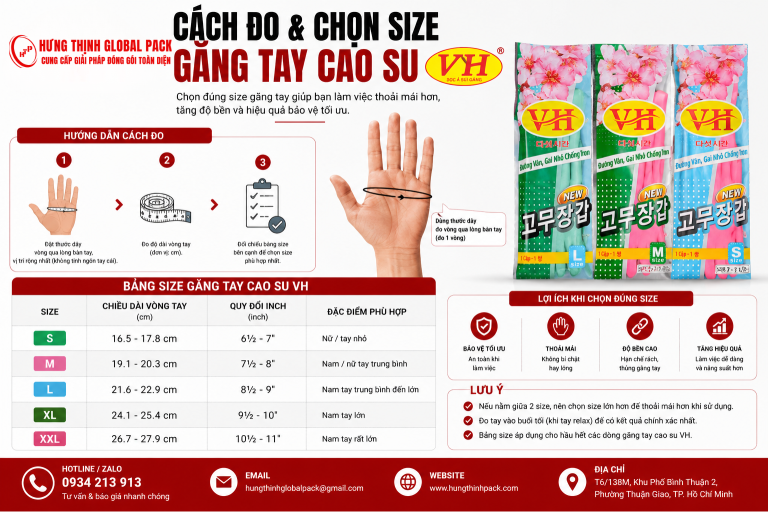 Hướng dẫn cách đo và chọn size găng tay cao su VH phù hợp theo kích thước bàn tay tại Hưng Thịnh Global Pack