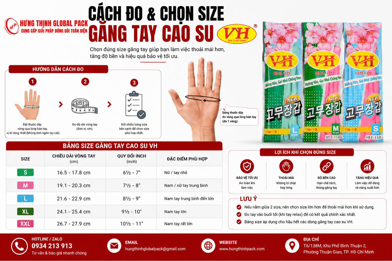 Hướng dẫn cách đo và chọn size găng tay cao su VH phù hợp theo kích thước bàn tay tại Hưng Thịnh Global Pack
