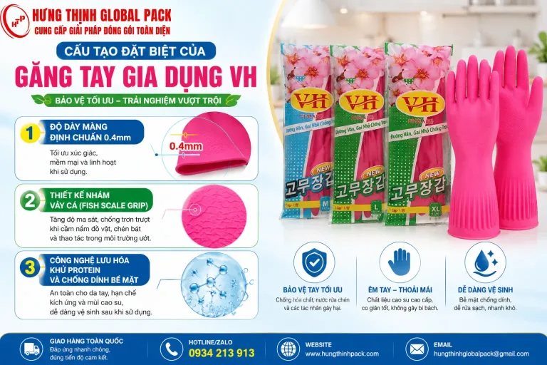 Cấu tạo găng tay cao su gia dụng VH với độ dày màng chuẩn 0.4mm, thiết kế nhám vảy cá chống trượt Fish Scale Grip và công nghệ lưu hóa khử protein chống dính bề mặt.