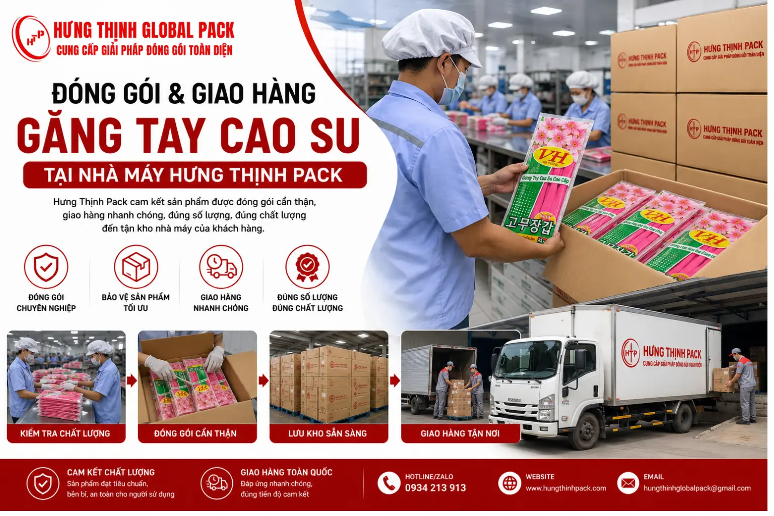 Hưng Thịnh Global Pack đóng gói và giao hàng găng tay cao su công nghiệp tận nơi toàn quốc