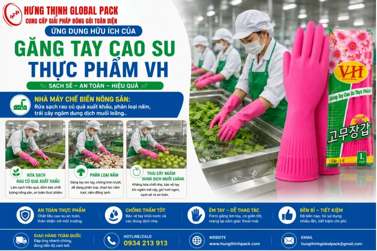 Găng tay cao su thực phẩm VH siêu dai, chống thấm nước tốt và bảo vệ tay tối ưu khi rửa sạch rau củ quả xuất khẩu, phân loại nấm, trái cây.