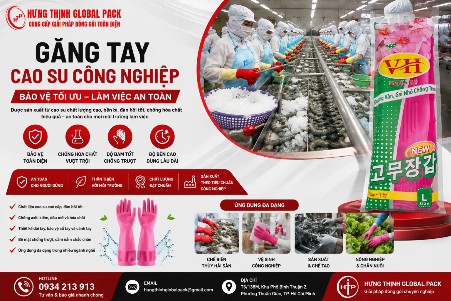 Găng tay cao su công nghiệp màu hồng chống trơn chống hóa chất dùng trong chế biến thủy sản tại Hưng Thịnh Global Pack