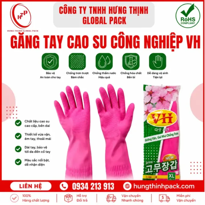 Găng tay cao su công nghiệp VH màu hồng chống trơn trượt chống hóa chất bền dai