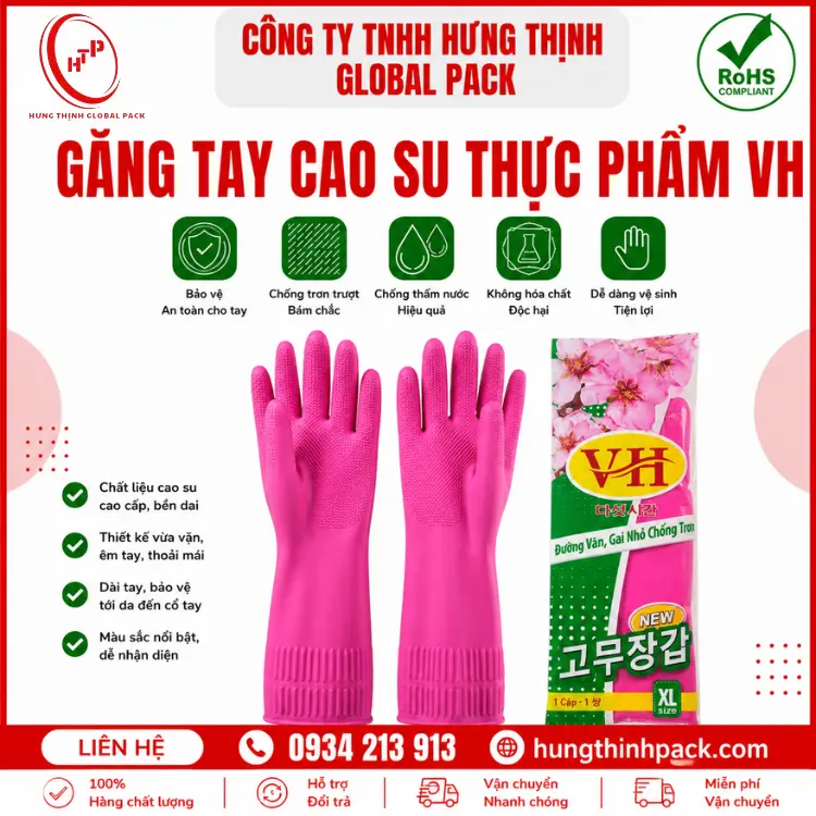 Găng tay cao su thực phẩm VH siêu bền, chống trơn trượt bám chắc và chống thấm nước hiệu quả giúp bảo vệ an toàn tuyệt đối cho đôi tay người lao động.
