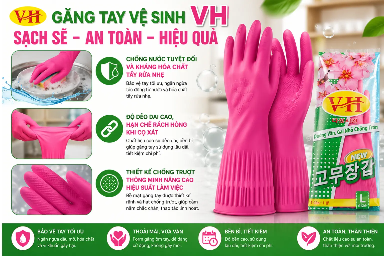 Găng tay cao su vệ sinh VH siêu dai, chống nước tuyệt đối, kháng hóa chất tẩy rửa nhẹ và chống trượt thông minh dành cho nhà xưởng, gia đình giá sỉ tốt nhất.