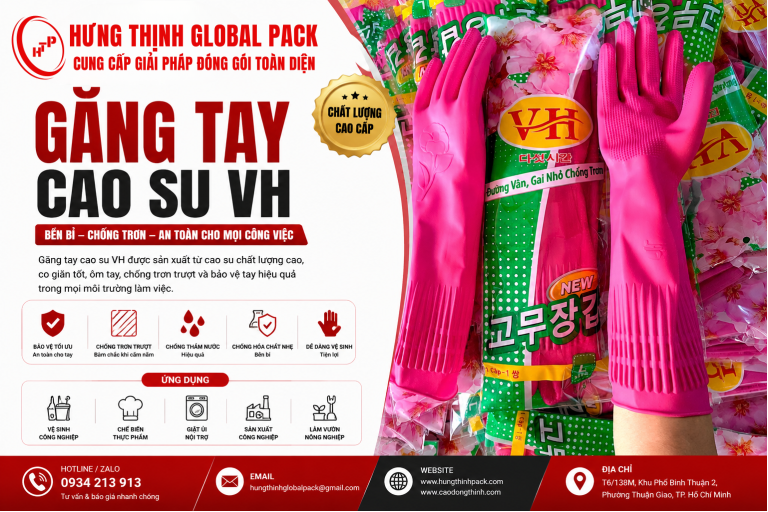 Găng tay cao su VH màu hồng chống trơn trượt, chống thấm nước và bảo vệ tay hiệu quả tại Hưng Thịnh Global Pack