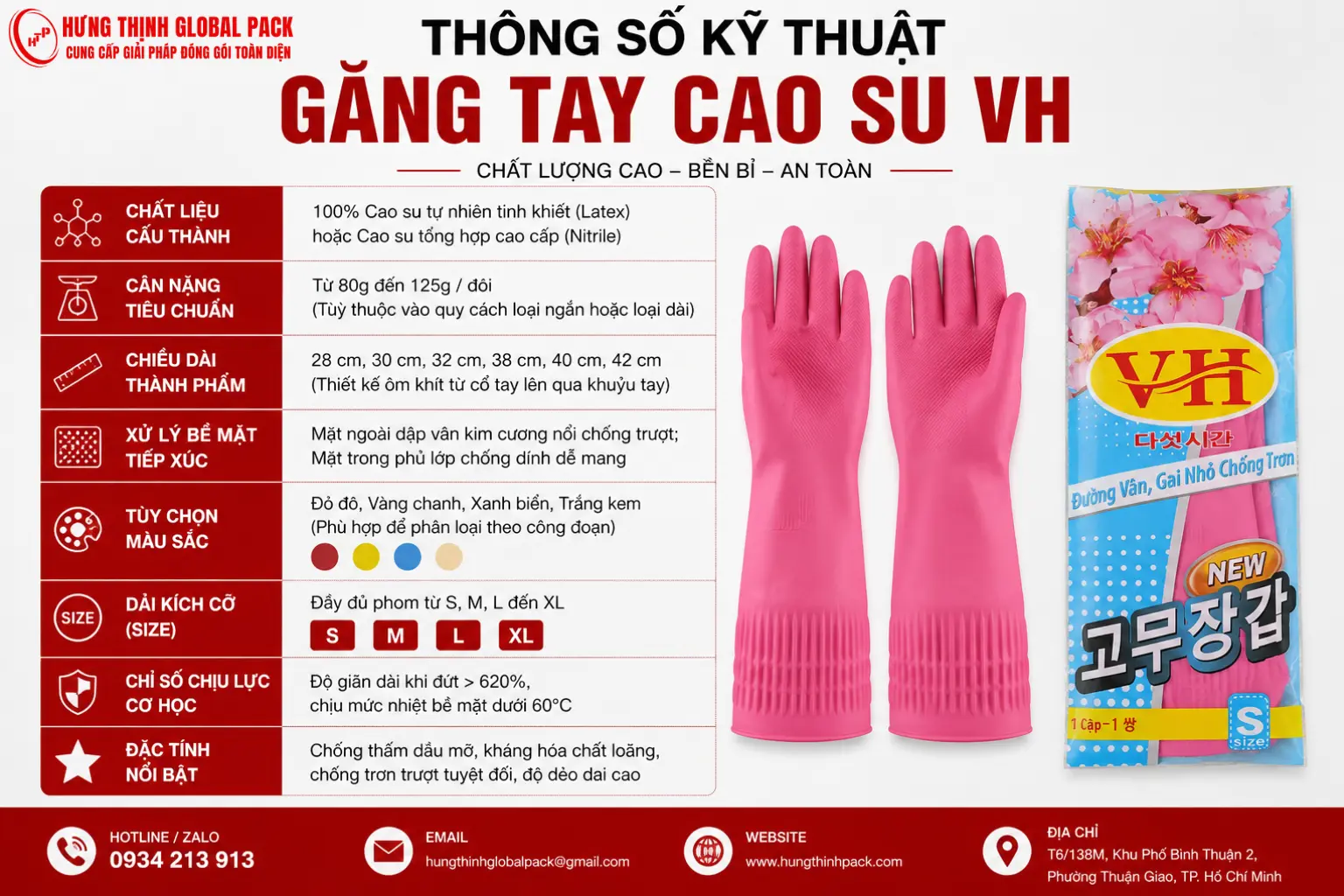 Găng tay cao su VH thông số kỹ thuật chi tiết chất lượng cao chống hóa chất chống trơn trượt tại Hưng Thịnh Global Pack