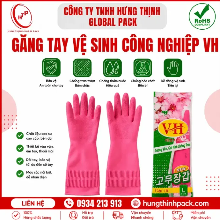 Găng tay vệ sinh công nghiệp VH cao cấp, thiết kế dài tay, chống trơn trượt, chống thấm nước và bảo vệ tay hiệu quả trong vệ sinh công nghiệp, nhà máy, xưởng sản xuất và chế biến thực phẩm.