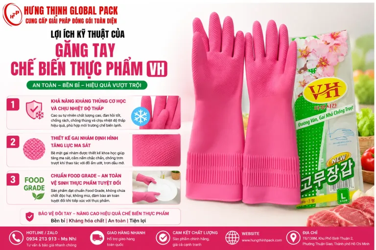 Lợi ích găng tay cao su chế biến thực phẩm VH với khả năng kháng thủng cơ học, chịu nhiệt độ thấp, thiết kế gai nhám định hình tăng ma sát chống trơn trượt hiệu quả.
