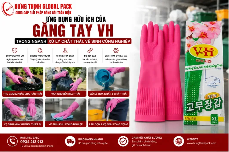 Găng tay cao su VH ứng dụng trong xử lý chất thải và vệ sinh công nghiệp, giúp chống hóa chất, chống trơn trượt và bảo vệ tay hiệu quả.