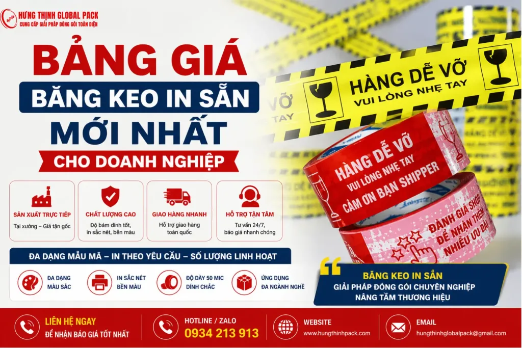 Bảng giá băng keo in sẵn mới nhất cho doanh nghiệp sản xuất tại Hưng Thịnh Global Pack