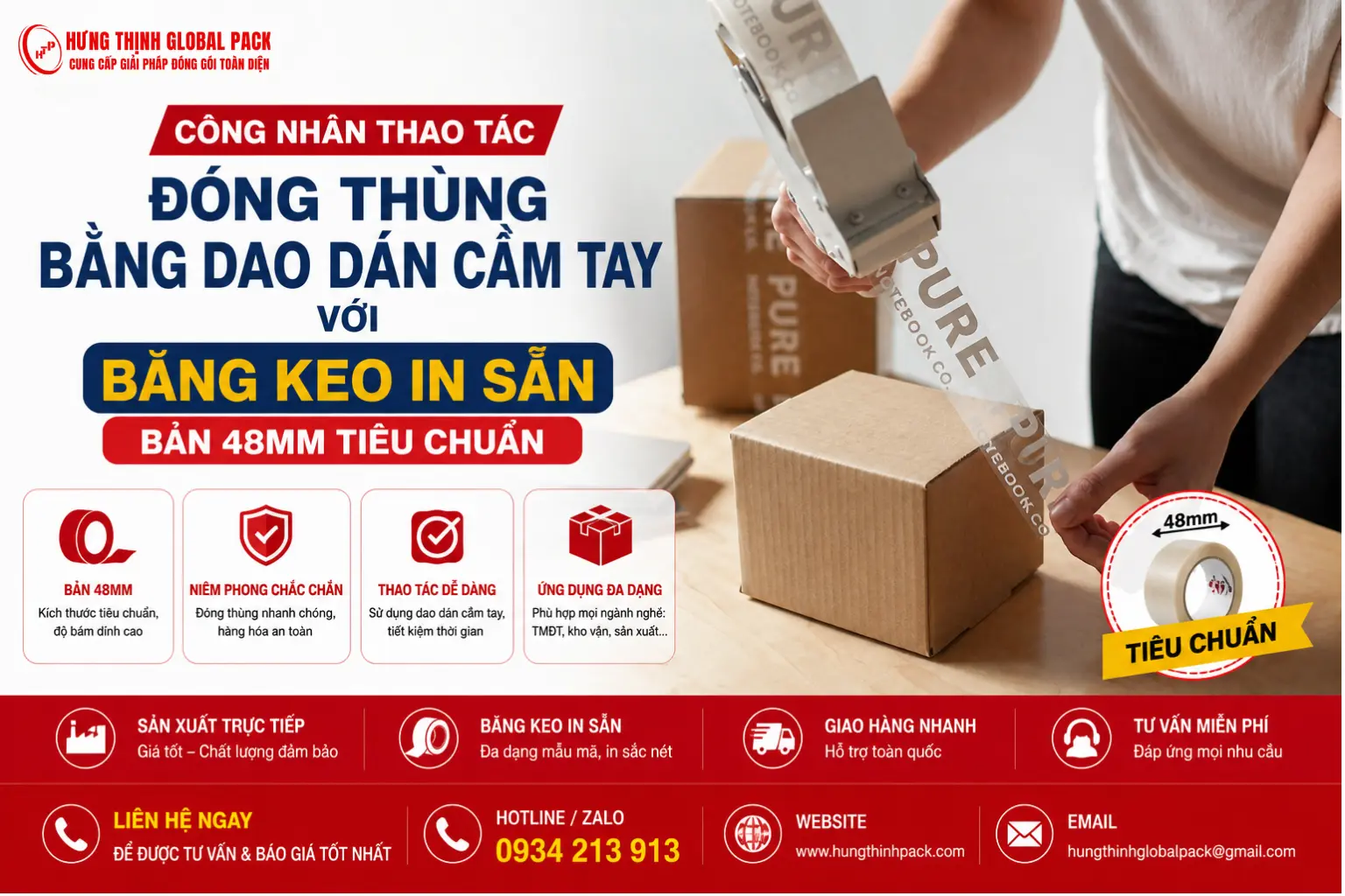 Sử dụng dao dán băng keo cầm tay dán niêm phong thùng carton bằng băng keo 48mm Hưng Thịnh Global Pack