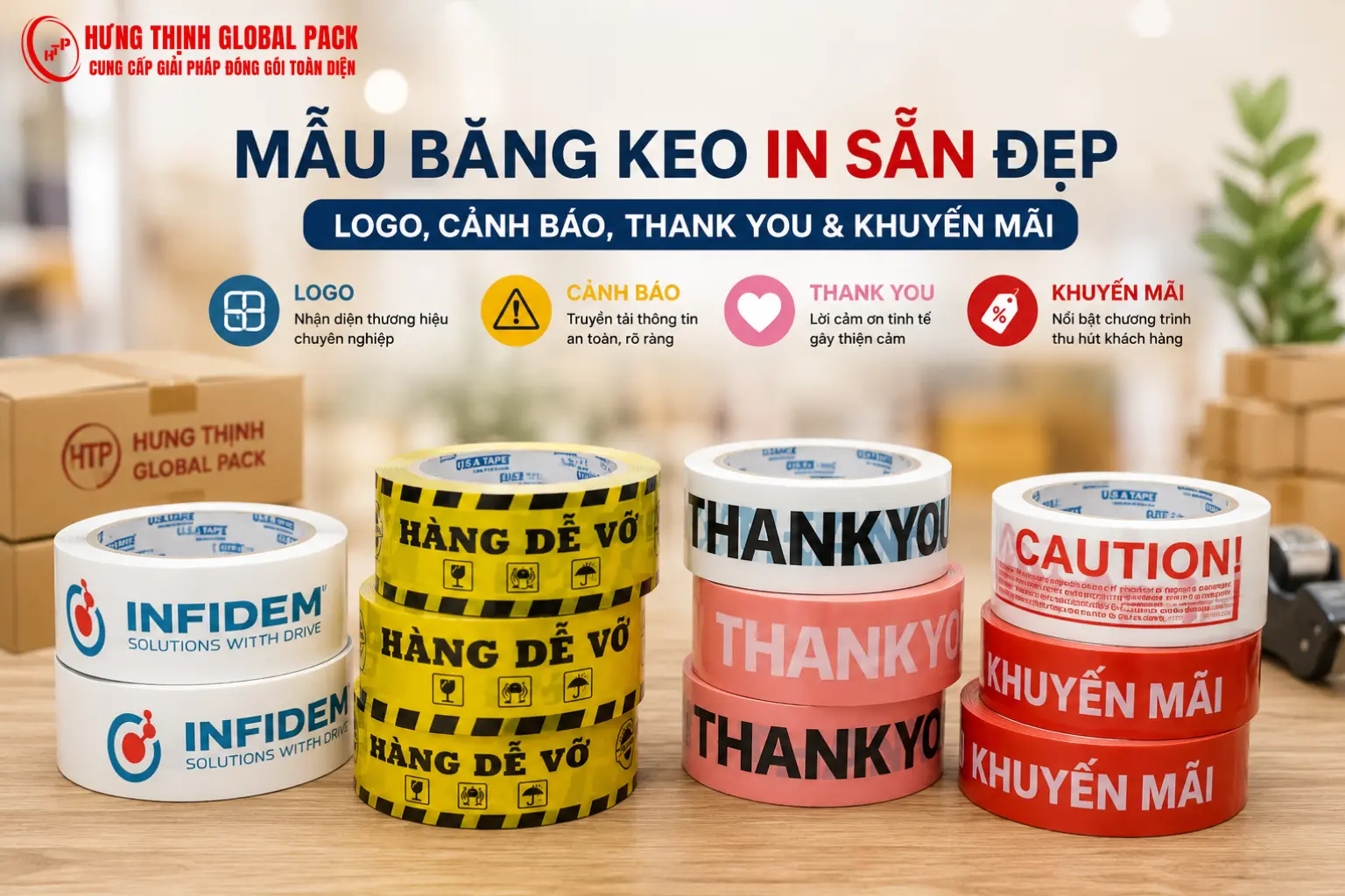 Khám phá các mẫu băng keo in sẵn đẹp gồm băng keo in logo, băng keo cảnh báo, băng keo Thank You và băng keo khuyến mãi. Giải pháp đóng gói chuyên nghiệp giúp tăng nhận diện thương hiệu, bảo vệ hàng hóa và nâng cao trải nghiệm khách hàng.