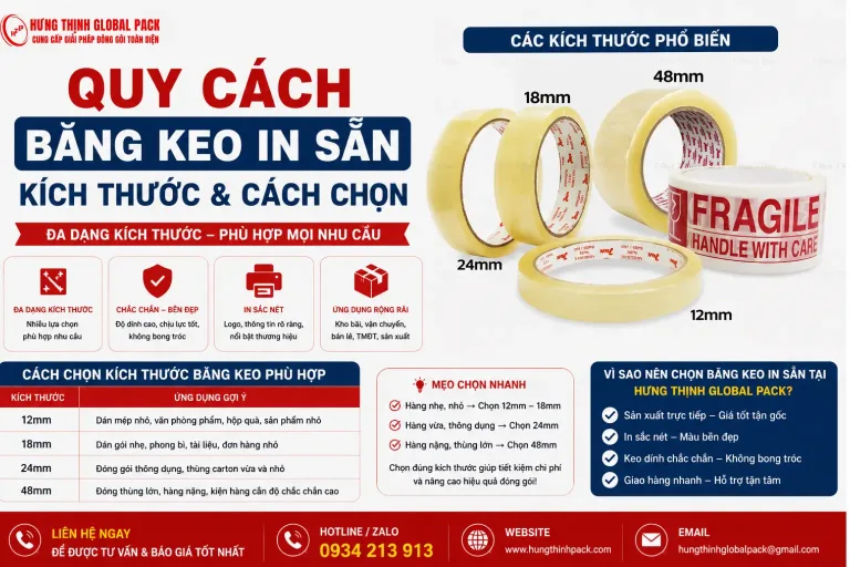 Bảng quy cách và kích thước phổ biến băng keo in sẵn 12mm 18mm 24mm 48mm
