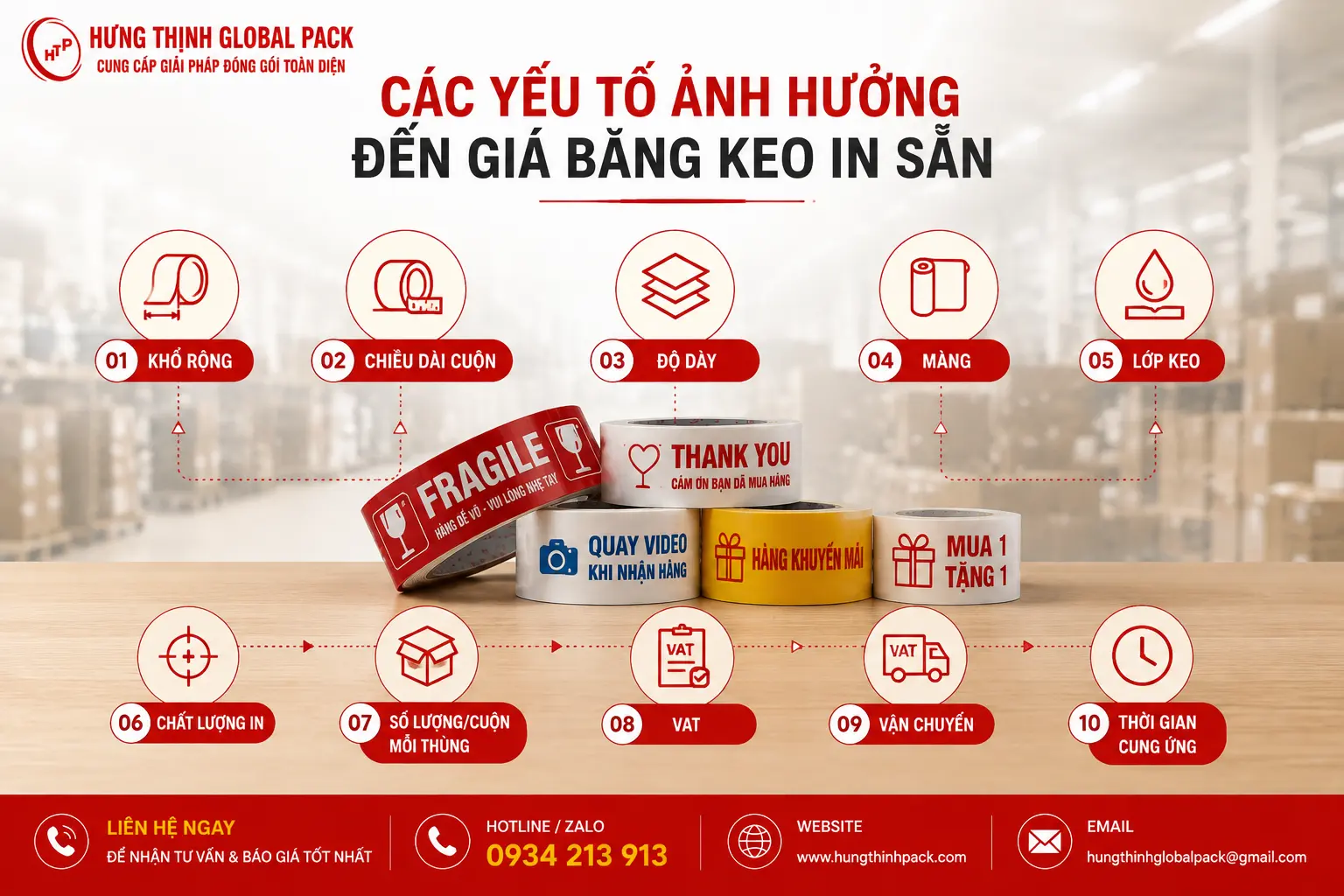Bảng giá băng keo in sẵn phụ thuộc vào khổ rộng, chiều dài, độ dày, màng BOPP, lớp keo, chất lượng in, số lượng và vận chuyển.