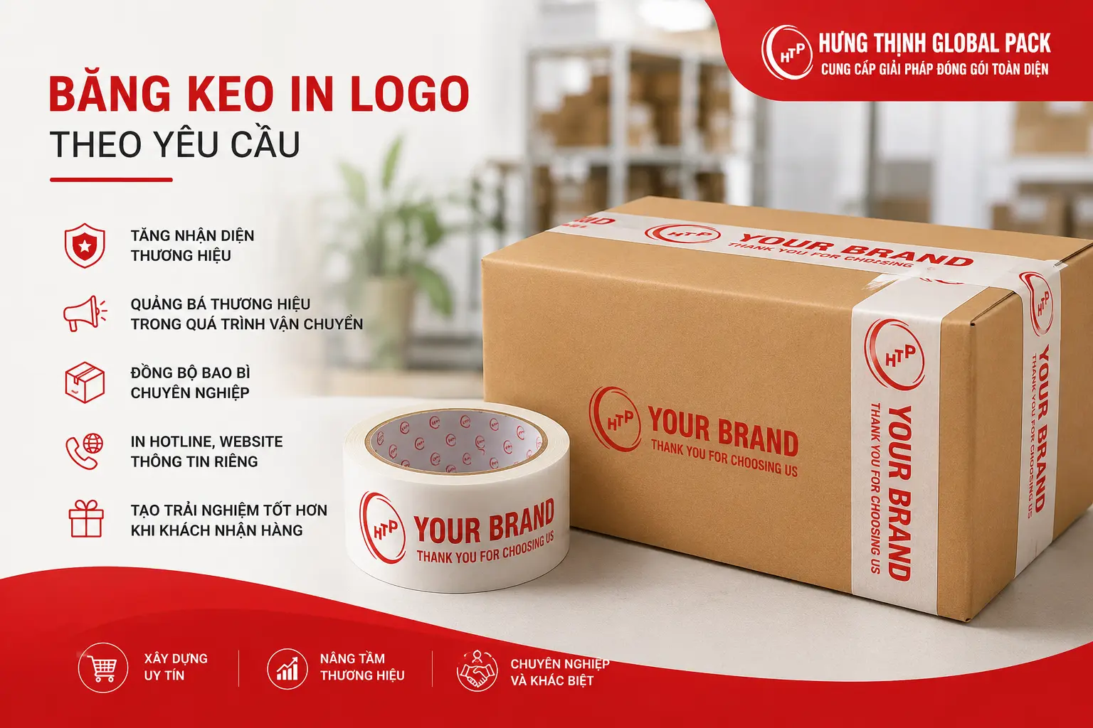 Băng keo in logo theo yêu cầu giúp doanh nghiệp niêm phong thùng chắc chắn, tăng nhận diện thương hiệu và tạo hình ảnh chuyên nghiệp khi giao hàng.