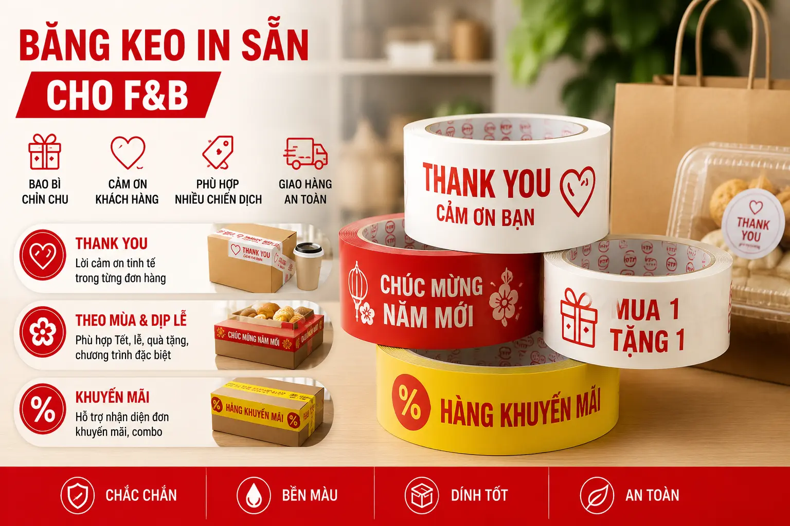 Băng keo in sẵn cho F&B với mẫu Thank You, khuyến mãi và quà tặng