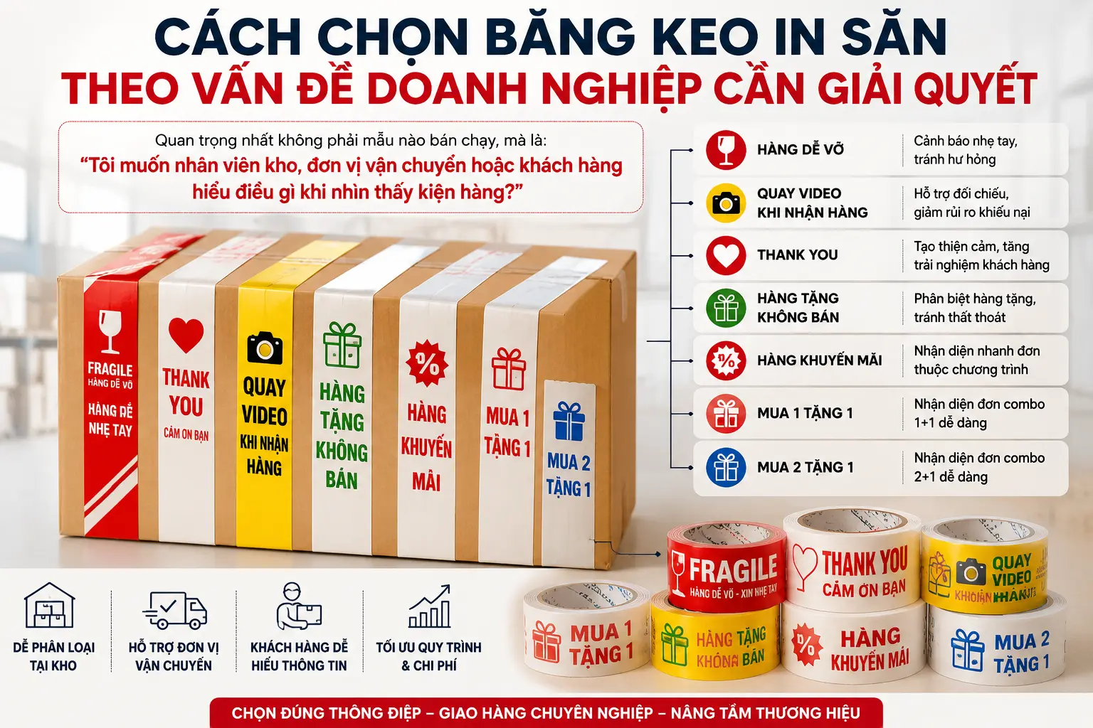 Cách chọn băng keo in sẵn theo vấn đề doanh nghiệp cần giải quyết