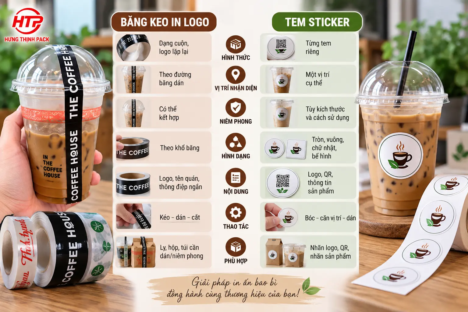 So sánh băng keo in logo và tem sticker cho ly, hộp F&B