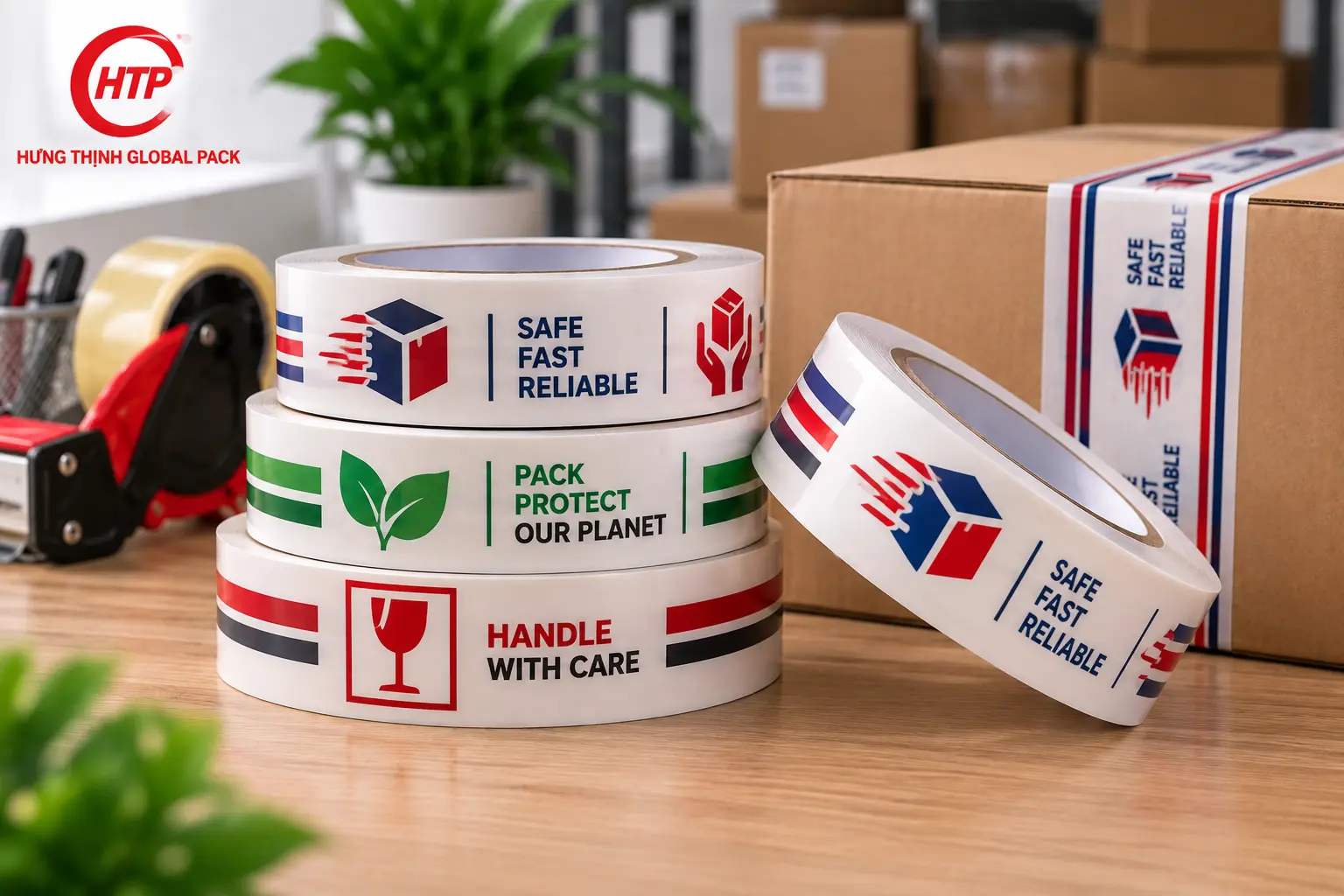 Băng keo in 3 màu theo yêu cầu với logo, chữ và slogan