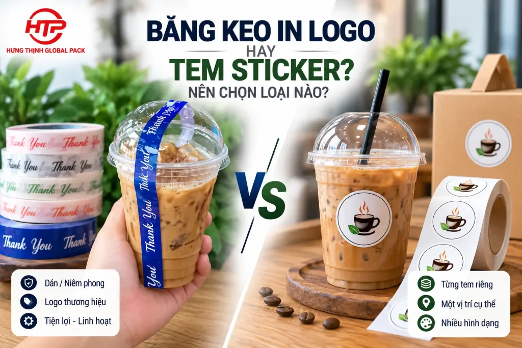 Băng keo in logo hay tem sticker nên chọn loại nào cho ly, hộp