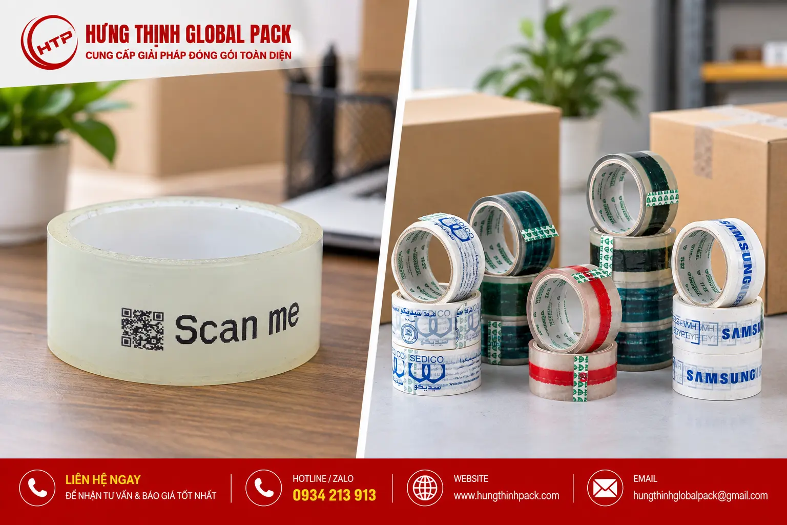 Băng keo in logo nền trong với thiết kế đơn giản, ít màu