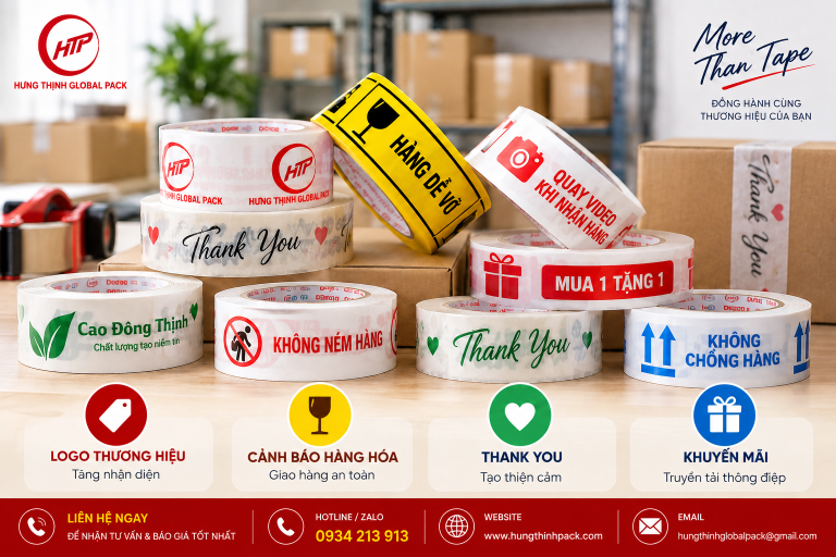 Mẫu băng keo in theo yêu cầu phổ biến gồm logo, cảnh báo, Thank You và khuyến mãi