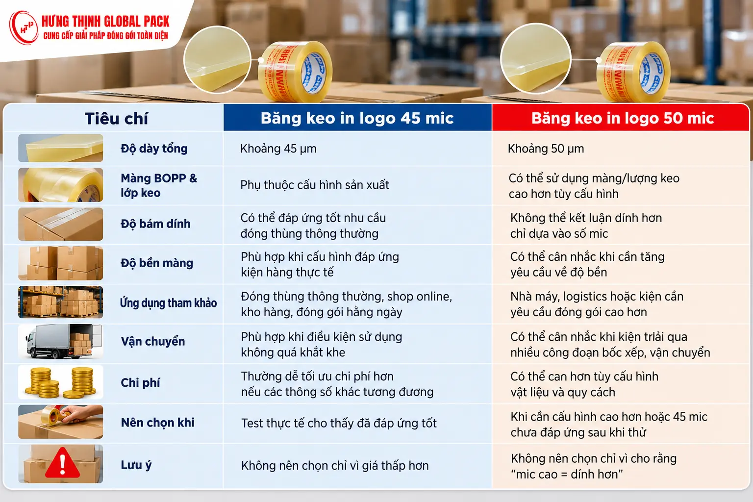 So sánh băng keo in logo 45 mic và 50 mic theo độ dày, độ bám, độ bền và ứng dụng