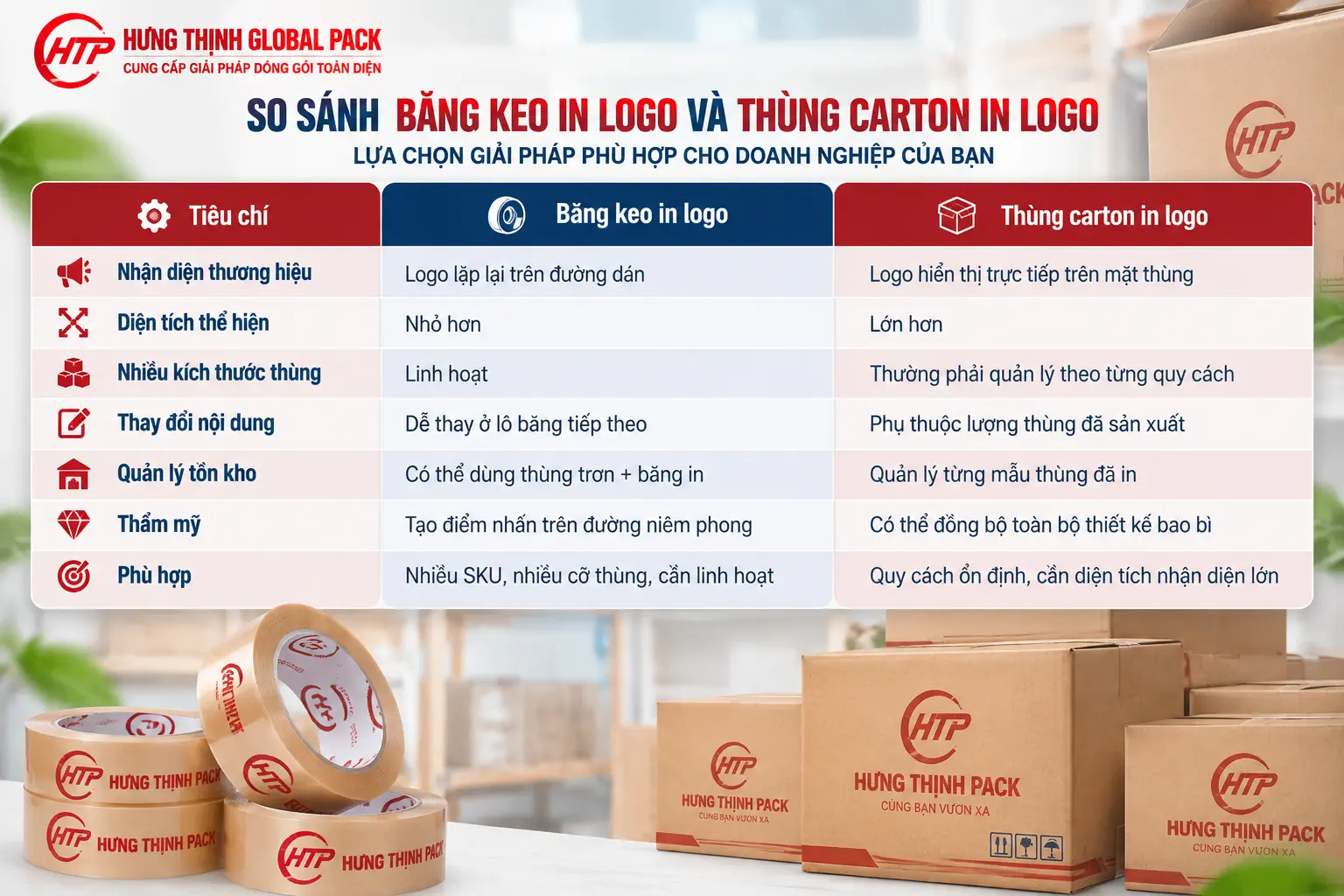 So sánh băng keo in logo và thùng carton in logo