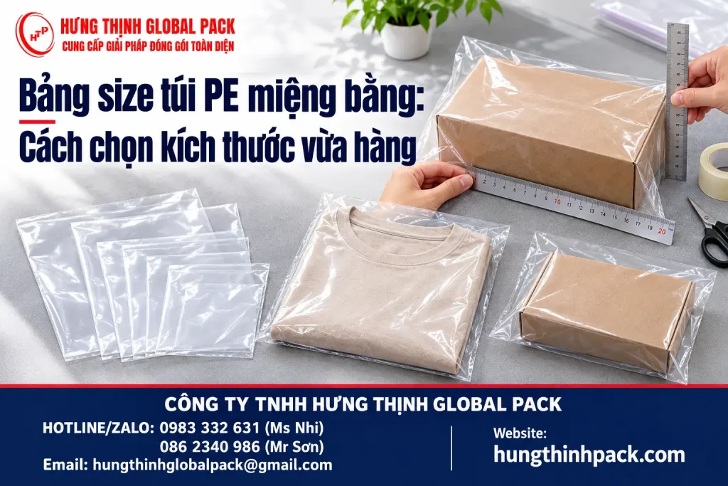 Túi PE miệng bằng nhiều kích thước, mẫu đóng gói quần áo và hộp carton cùng thao tác đo kích thước hàng.