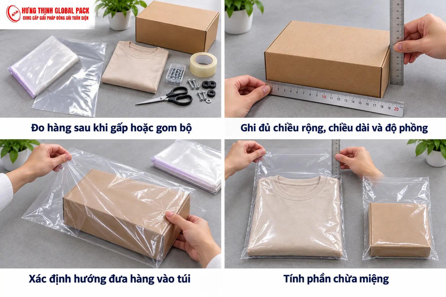 Hướng dẫn đo quần áo đã gấp và hàng có hộp để chọn kích thước túi PE, xác định hướng đưa hàng và phần chừa miệng.