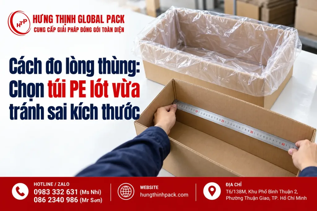 Đo chiều dài bên trong thùng carton bằng thước, bên cạnh thùng đã lót túi PE trong suốt với miệng lật ra ngoài.
