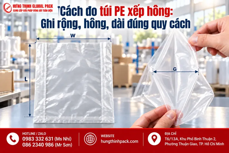 Hướng dẫn cách đo túi PE xếp hông theo chiều rộng W, chiều dài L và độ mở hông G đúng quy cách. Sao chép