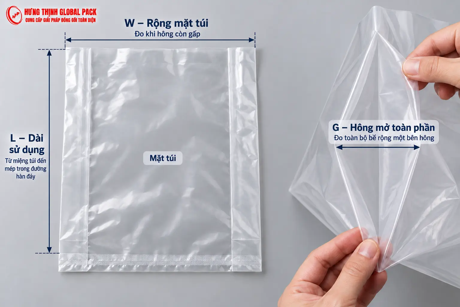 Cách đo túi PE xếp hông với ký hiệu W chỉ rộng mặt túi, G chỉ hông mở toàn phần và L chỉ chiều dài sử dụng.