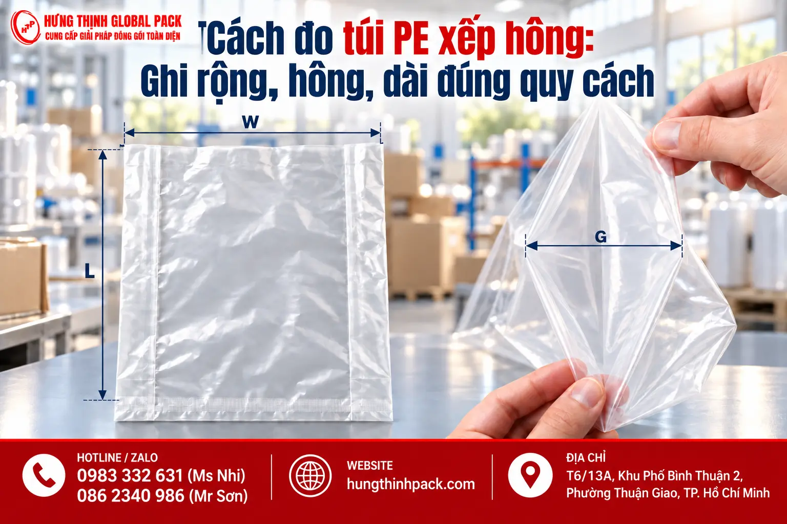 Cách đo túi PE xếp hông: Ghi rộng, hông, dài đúng quy cách