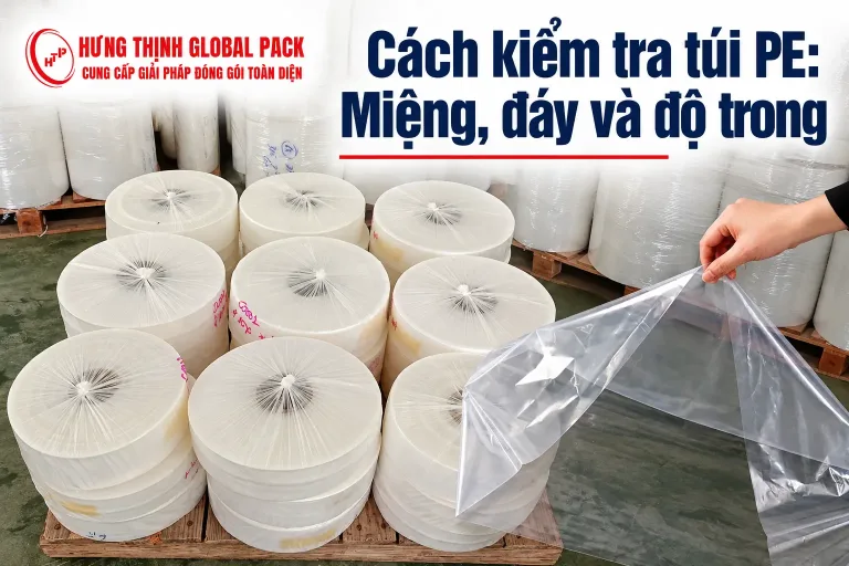Bàn tay nâng miệng túi PE trong suốt trên nền nhiều cuộn PE trắng, minh họa bài hướng dẫn kiểm tra túi PE.