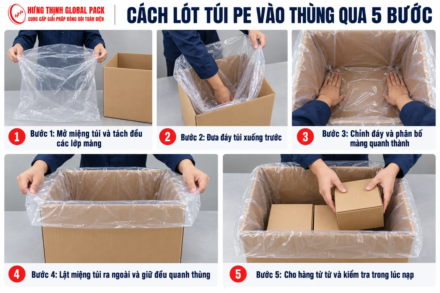 Cách lót túi PE vào thùng carton qua 5 bước: mở túi, đưa đáy xuống, chỉnh màng, lật miệng và cho hàng.