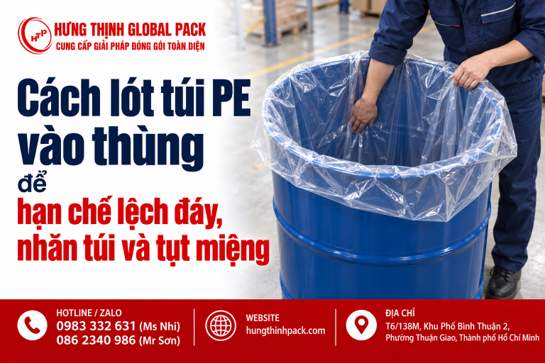 Nhân viên chỉnh túi PE trong suốt bên trong thùng phuy xanh lòng sâu, với miệng túi lật ra ngoài thành thùng.