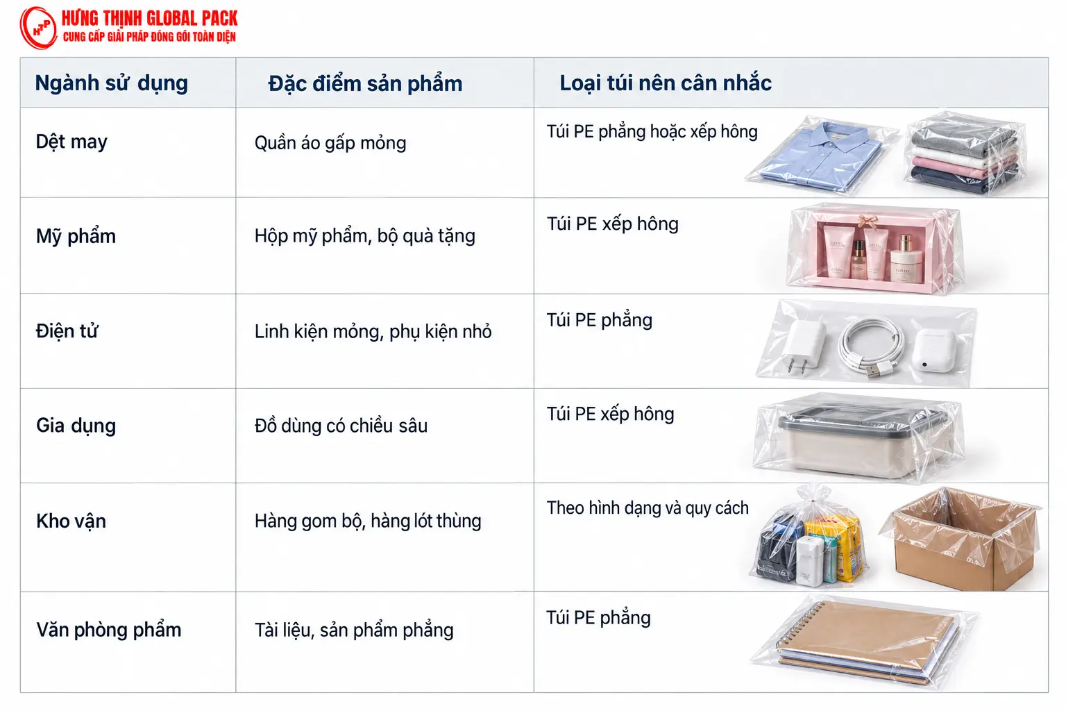 Bảng chọn loại túi PE theo từng ngành hàng, gồm dệt may, mỹ phẩm, điện tử, gia dụng, kho vận và văn phòng phẩm.