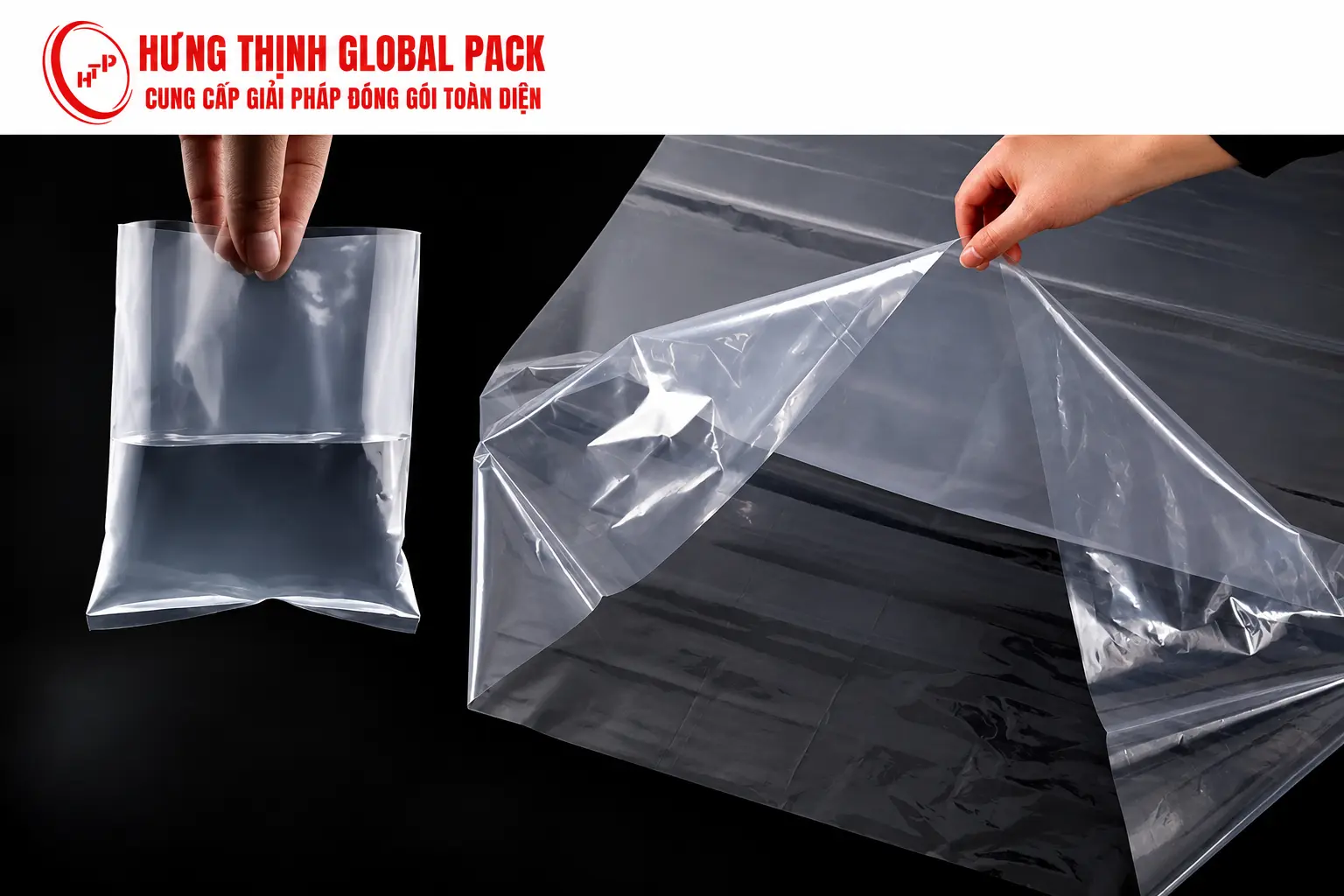 úi PE trong suốt miệng bằng cỡ nhỏ và lớn, thể hiện bề mặt màng và đường hàn đáy.