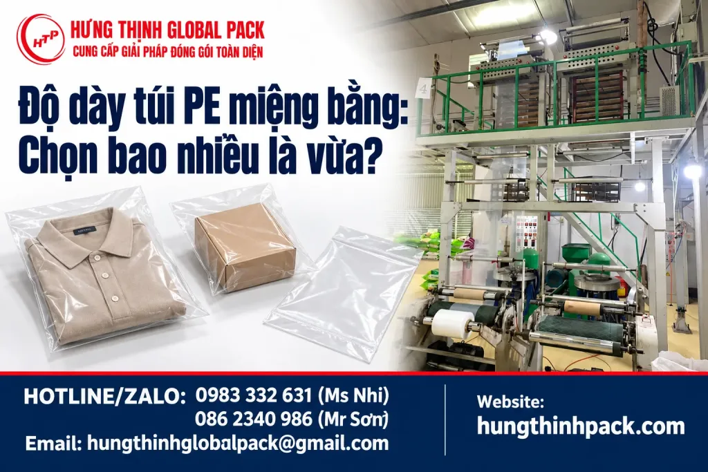 Túi PE miệng bằng đựng áo, hộp carton và mẫu túi rỗng bên cạnh máy sản xuất màng PE.