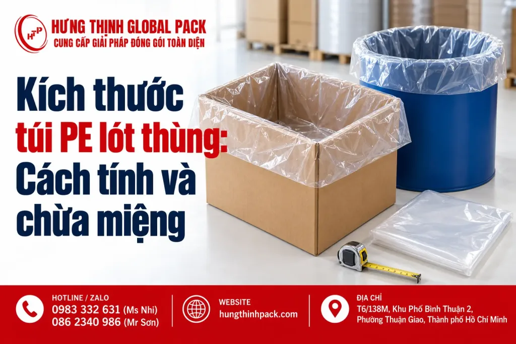 Túi PE trong suốt lót bên trong thùng carton và thùng tròn, phần miệng lật ra ngoài, bên cạnh có thước đo.