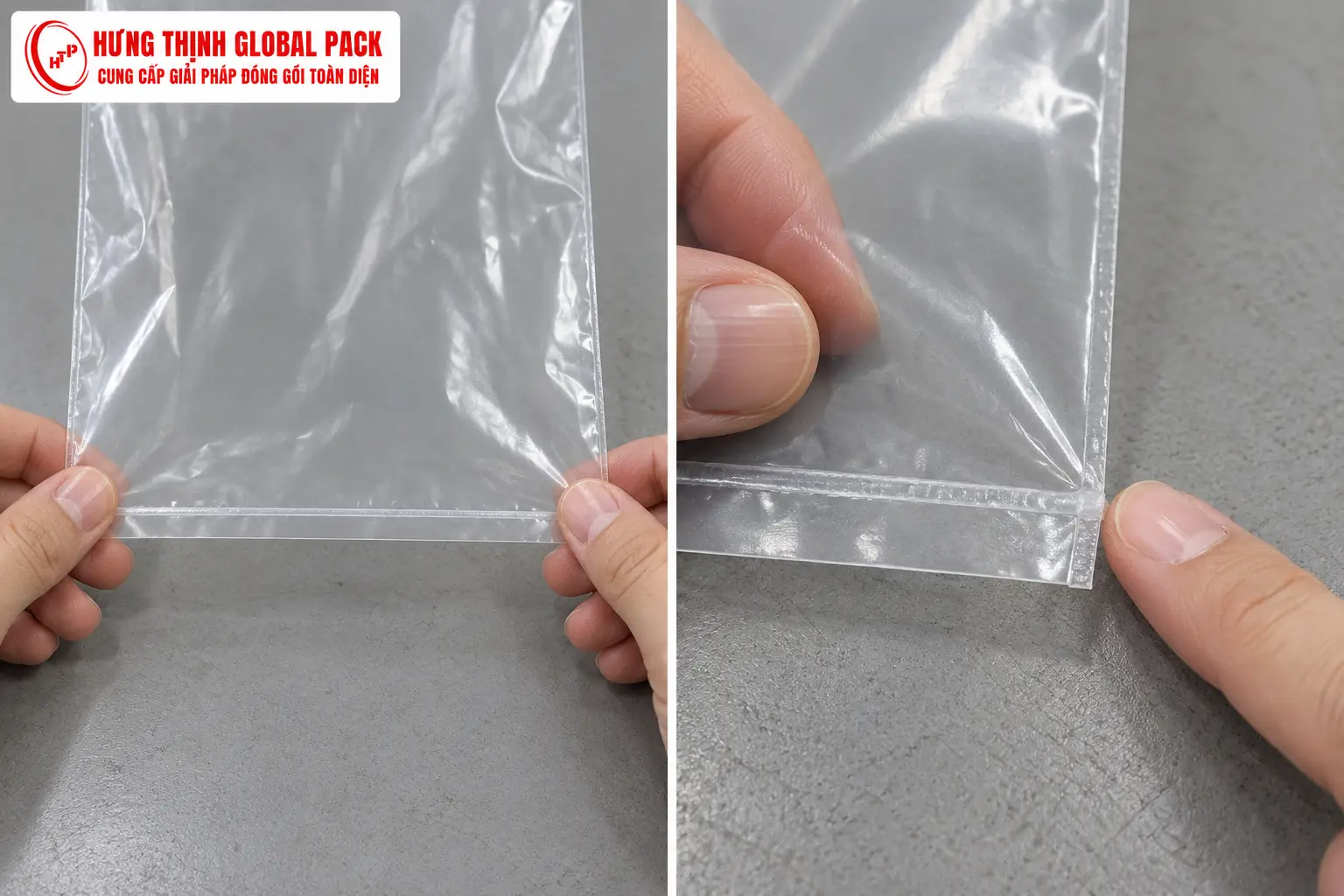 Cận cảnh đường hàn đáy túi PE trong suốt, tay giữ phẳng túi và chỉ vào góc đáy cần kiểm tra.