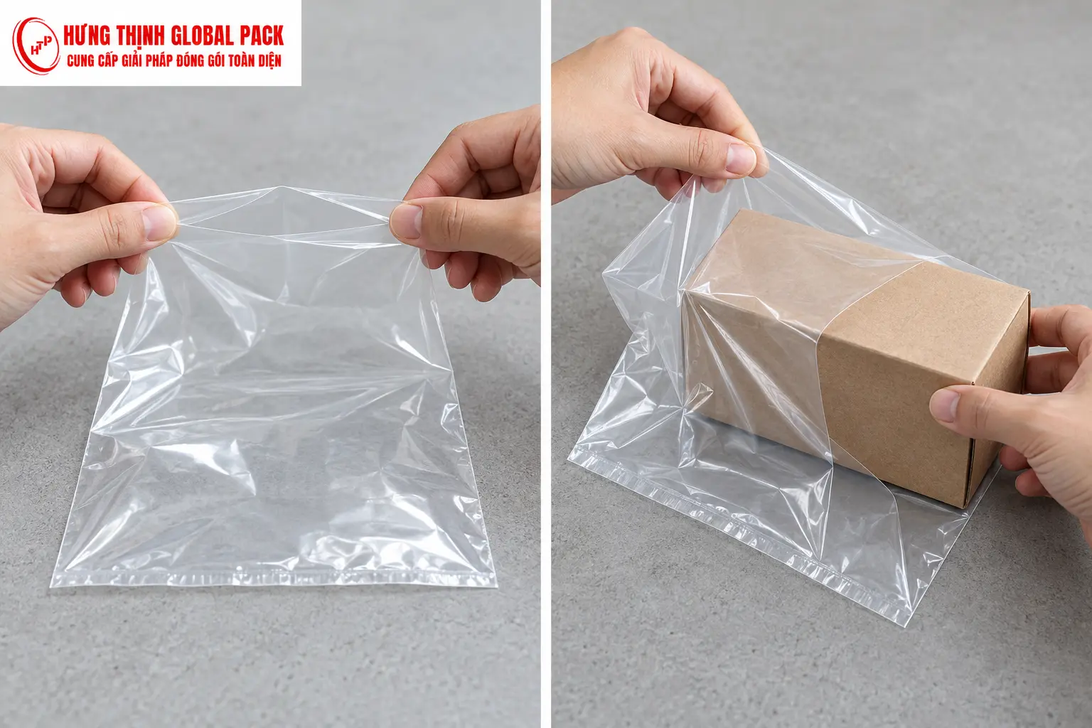 Tay tách hai lớp màng ở miệng túi PE trong suốt và thử đưa hộp carton vào túi.