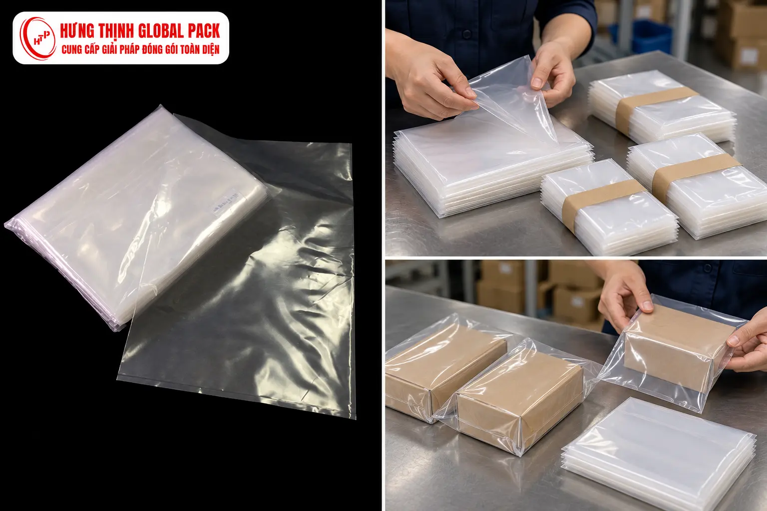 Túi PE trong suốt, thao tác đếm túi và đóng bó, minh họa mỗi hộp sản phẩm sử dụng một túi.