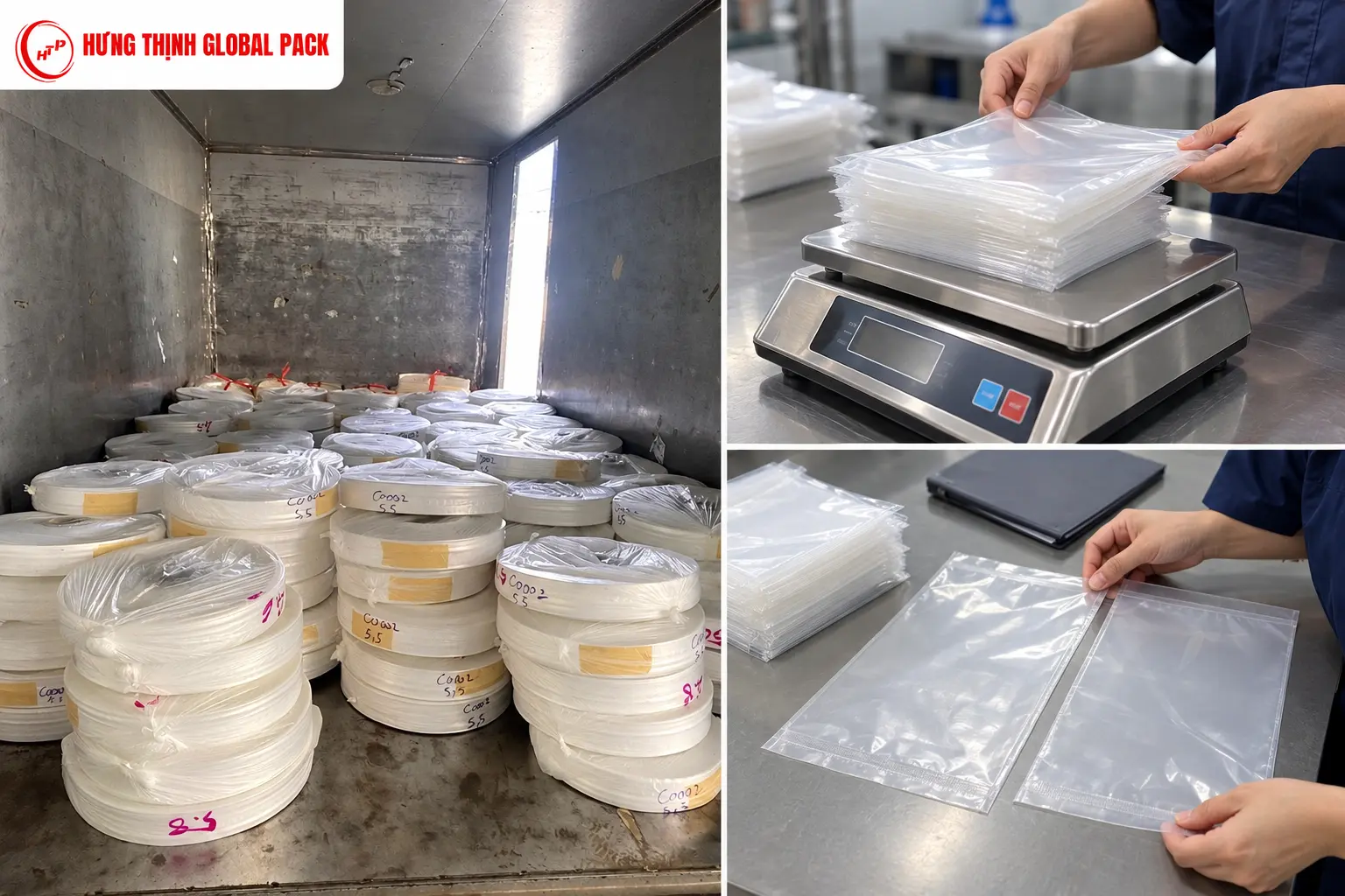 Các cuộn PE trong xe giao hàng, cân khối lượng túi PE và đối chiếu mẫu túi trước khi nhận hàng.