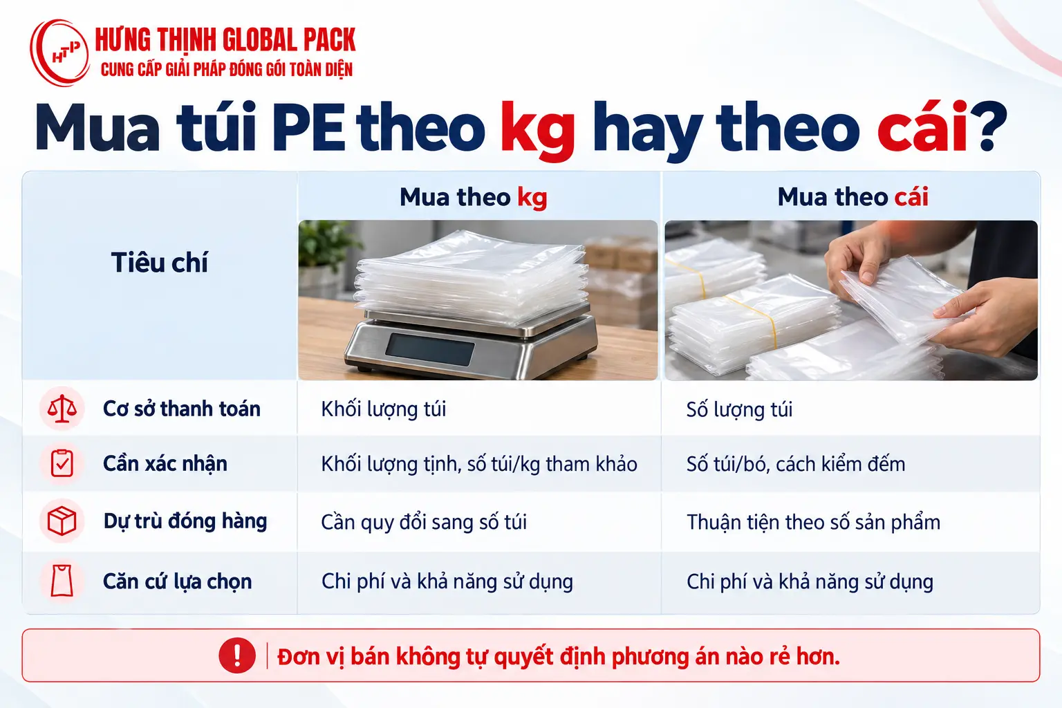 Bảng so sánh mua túi PE theo kg và theo cái, minh họa túi trên cân và thao tác đếm túi theo bó.