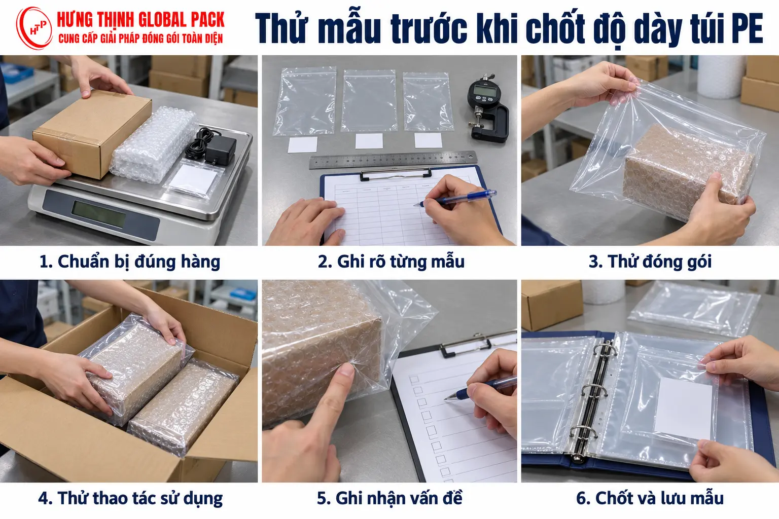 Sáu bước thử mẫu túi PE miệng bằng: chuẩn bị hàng, ghi thông số, đóng gói, thử sử dụng, ghi nhận vấn đề và lưu mẫu.
