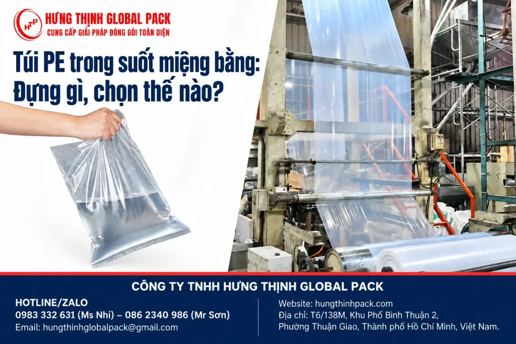 Túi PE trong suốt miệng bằng chứa nước được cầm trên tay, bên cạnh hình máy sản xuất màng PE.