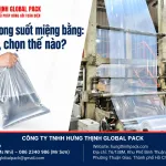 Túi PE trong suốt miệng bằng chứa nước được cầm trên tay, bên cạnh hình máy sản xuất màng PE.
